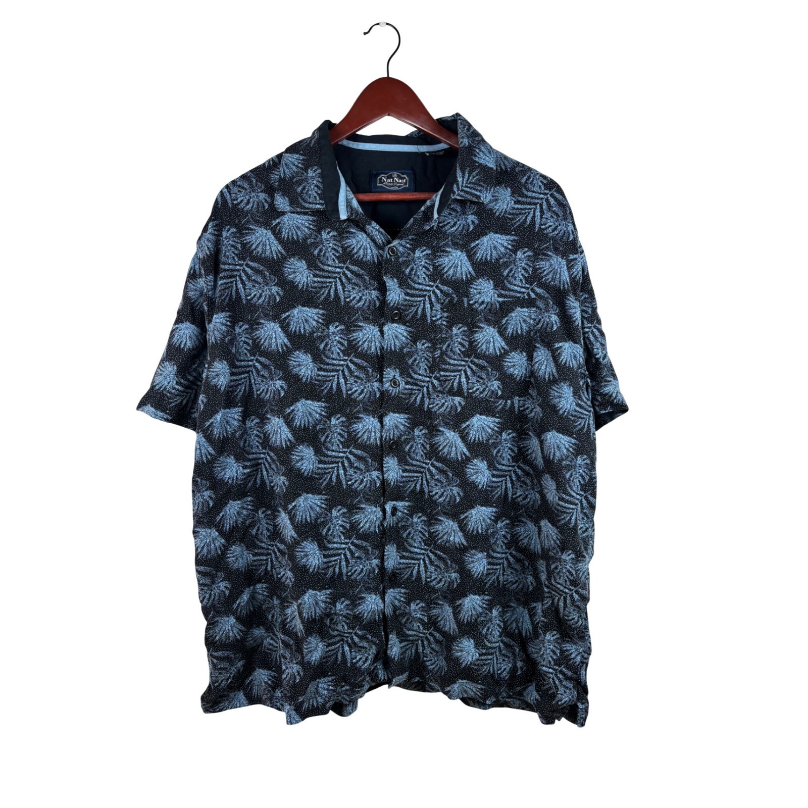 Nat Nast Button Up Shirt Men Xl Black Blue Silk Cotton Palm Tropical Camp Collar
